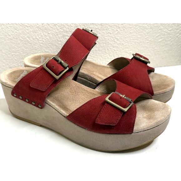 Dansko Selma Leather Red Wedge Platform Shoes 2 Buckled Straps Sandals Size 40 - Picture 1 of 14